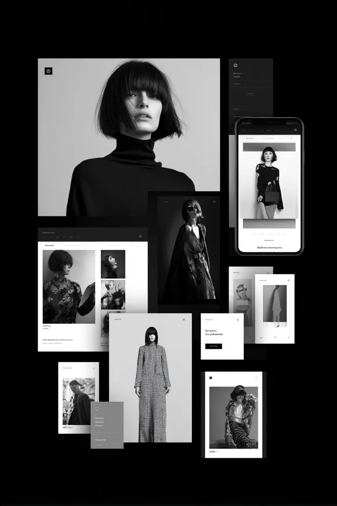 A monochrome collection of fashion website mockups.  The design features various models in stylish clothing, showcased across different layouts including a mobile phone interface, web pages, and individual image cards.  The overall aesthetic is minimalist and sophisticated, using a consistent black and white color scheme to highlight the clothing and models.  The layout is clean and modern, designed to present the fashion brand effectively.