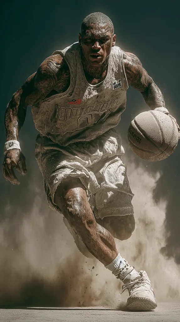 A muscular, tattooed basketball player, covered in dust and dirt, drives aggressively towards the viewer.  He grips a basketball, his determined expression visible.  The image is high-contrast, emphasizing the grit and intensity of the action.  Dust clouds billow around his legs as he powerfully moves forward. The overall effect is a dynamic and dramatic portrayal of athleticism.
