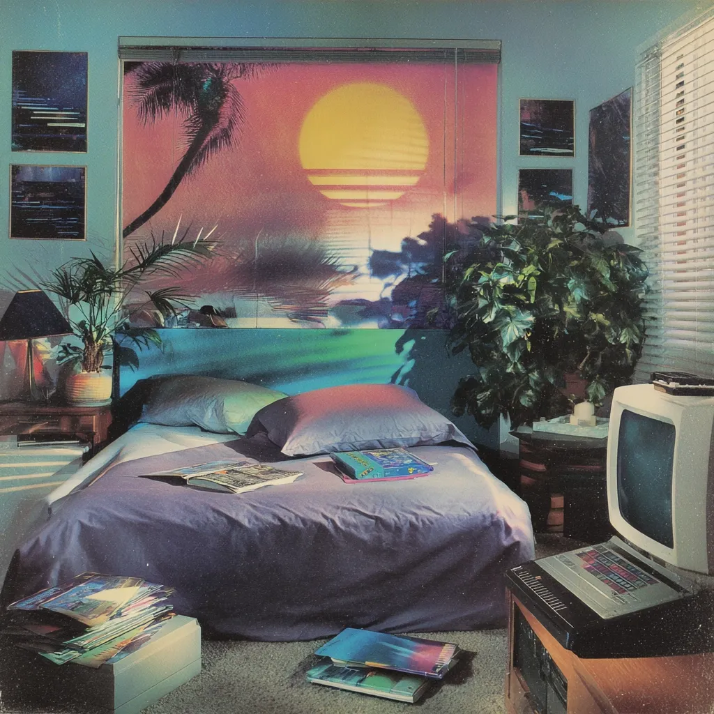 A vibrant 1980s bedroom features a bed with purple sheets, adorned with magazines and books.  A large window showcasing a tropical sunset scene serves as a headboard.  Tropical plants and framed artwork complete the decor.  A vintage computer and television sit on a wooden table, adding a technological touch to the retro aesthetic. The overall ambiance is one of relaxed, sun-drenched coolness.