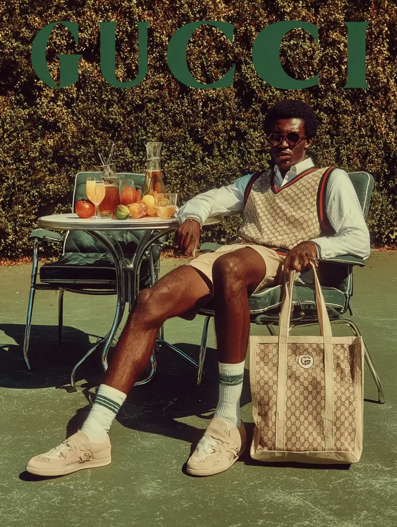 A stylish man relaxes in a chair on a tennis court, showcasing Gucci attire.  He's wearing a beige Gucci sweater vest, shorts, and sneakers, and carries a large Gucci tote bag. A table nearby holds a refreshing assortment of drinks and fruit.  The scene is bathed in warm sunlight, creating a relaxed, summery vibe. The word "GUCCI" is prominently displayed in a dark green font above the scene.