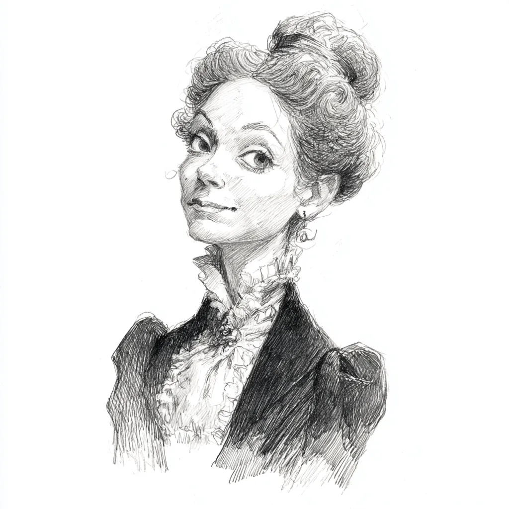 A meticulously detailed pencil sketch portrays a woman with an elegant, upswept hairstyle characteristic of a bygone era.  She's dressed in period attire, featuring a ruffled high-collared blouse and dark jacket. Her expression is subtly self-assured, her gaze directed slightly away from the viewer, creating a sense of intrigue.  The artist’s skillful shading and linework provide texture and depth, enhancing the realism of the portrait.