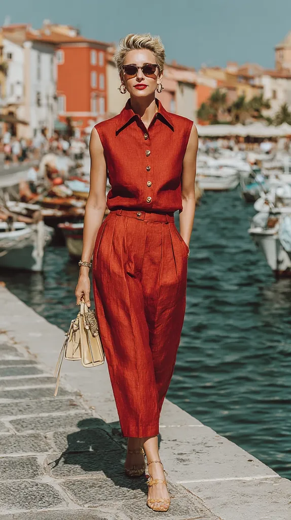 A stylish woman strolls along a waterfront, clad in a chic burnt orange linen jumpsuit.  The sleeveless top and wide-leg trousers create a flattering silhouette.  She accessorizes with gold sunglasses, delicate gold earrings, and a beige handbag, completing a sophisticated summer look. The background features colorful buildings and docked boats, adding to the picturesque scene.