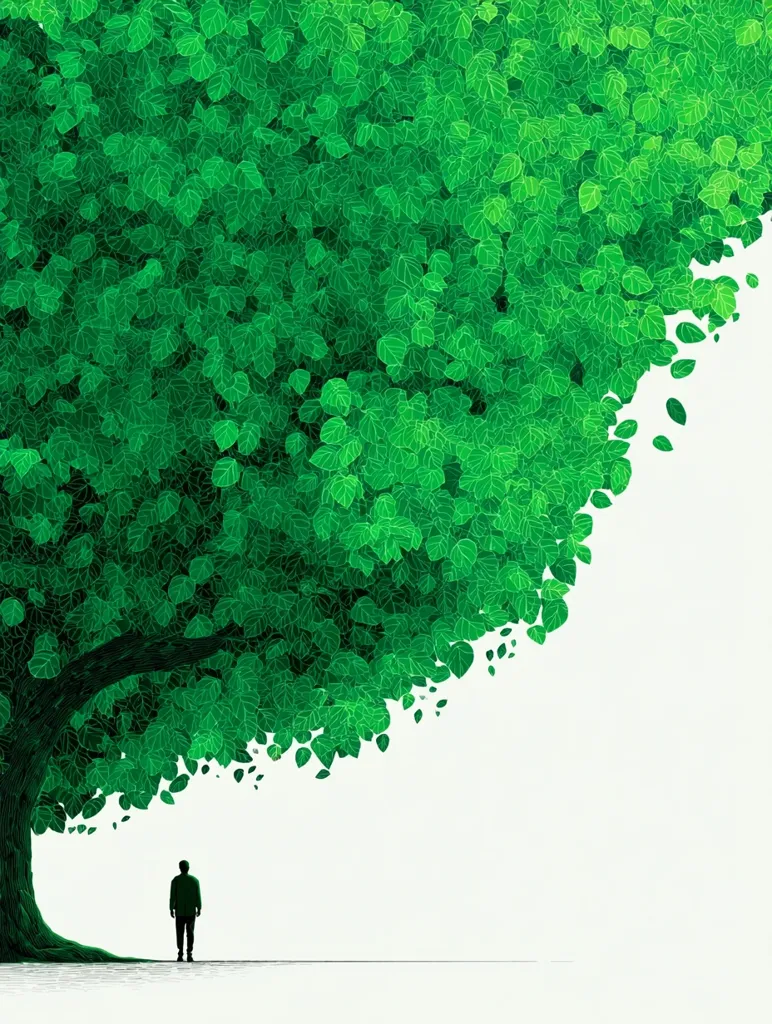 The illustration shows a large, lush green tree dominating the frame.  Individual leaves are meticulously detailed, creating a dense canopy that spills across the image.  A solitary, silhouetted figure stands small beneath the tree, emphasizing the tree's immense scale and the vastness of nature.  The background is white, providing a stark contrast to the vibrant green of the foliage.  The overall feeling is one of awe and the power of nature.