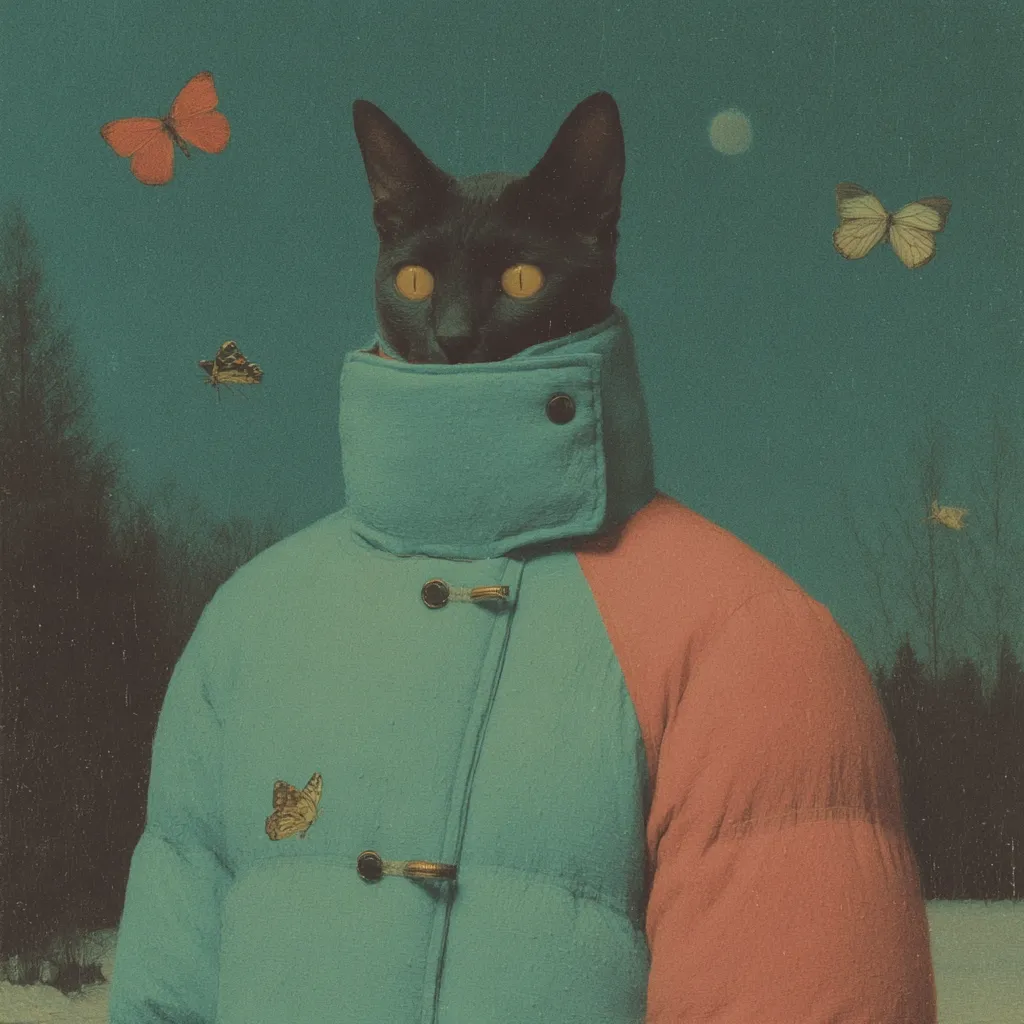 A surreal digital artwork depicts a black cat wearing a teal and coral puffer jacket.  The cat's intense yellow eyes are striking against its dark fur. Several butterflies flutter around the cat against a twilight sky, creating a whimsical, dreamlike atmosphere.  The overall mood is serene yet slightly mysterious.