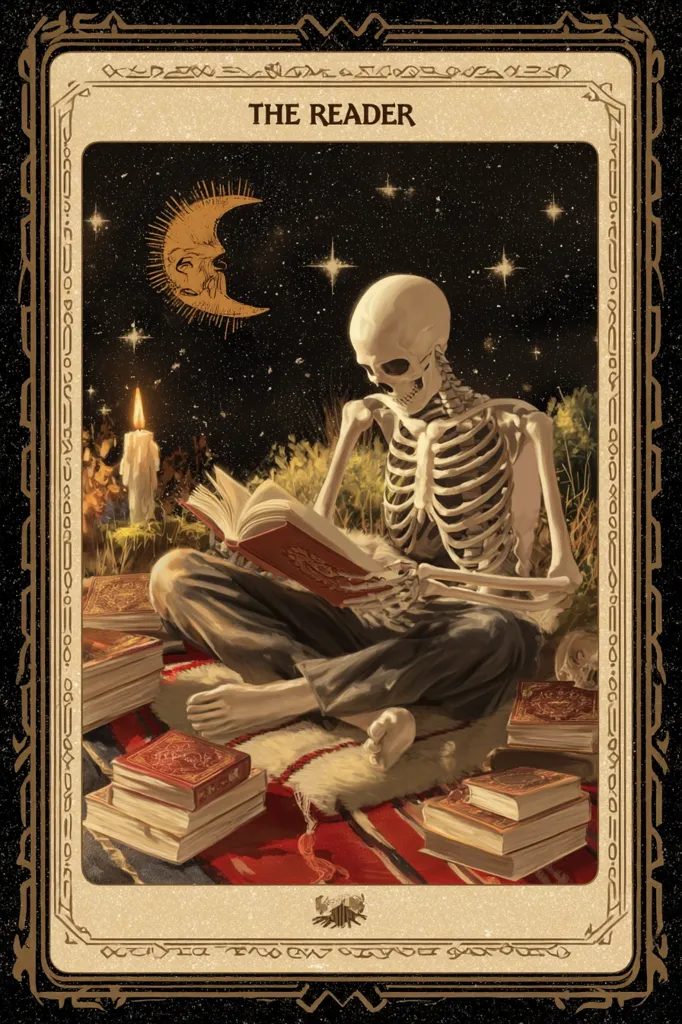A skeleton, cloaked in dark fabric, sits under a crescent moon and stars, engrossed in a book.  Surrounding it are stacks of antique-looking tomes, illuminated by a candle's gentle glow. The scene is rich in detail, evocative of a mystical or occult setting, presented within an ornate frame with the title "The Reader." The overall aesthetic is dark, moody, and slightly unsettling.