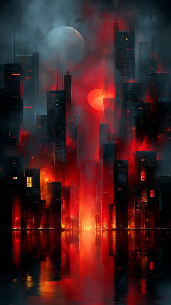 A futuristic cityscape is bathed in a dramatic red glow, reflected in the still water below.  Tall, dark buildings rise towards two celestial bodies—a large, grey moon and a smaller, vibrant red moon.  The scene is atmospheric and moody, with a sense of mystery and perhaps danger.  The red light illuminates the city's windows, creating a striking contrast against the dark architecture.