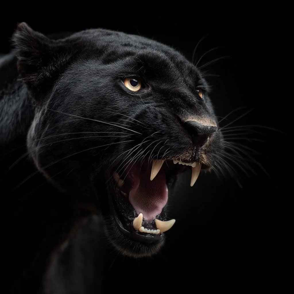 A close-up shot reveals a black panther's head and shoulders against a stark black background.  Its mouth is open in a fierce snarl, revealing sharp teeth and pink gums.  The panther's eyes gleam with an intense, golden light, enhancing the overall impression of power and aggression.  The image's dark tones and sharp focus highlight the animal's majestic and threatening presence.