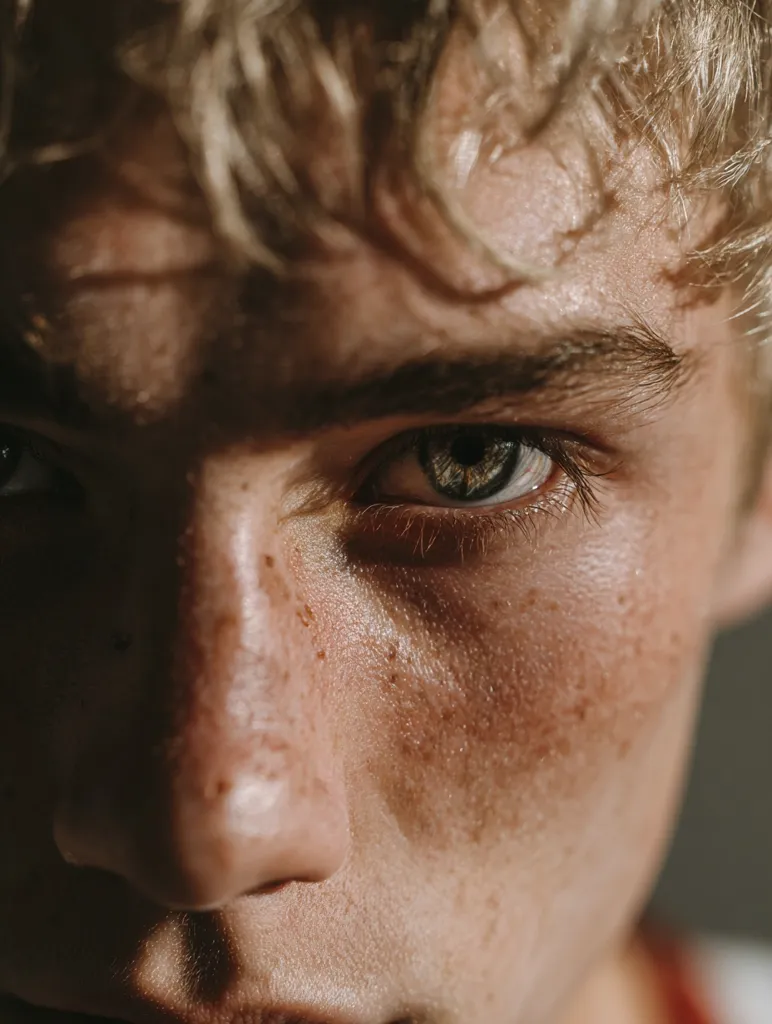 Close-up of a young man's face, partially obscured by his blond hair.  His skin is freckled and sun-kissed, highlighted by natural light.  His gaze is intense, his green eyes directly engaging the viewer. The focus is sharp on his eye and nose, emphasizing the texture of his skin.  A hint of a red garment is visible at the bottom right.