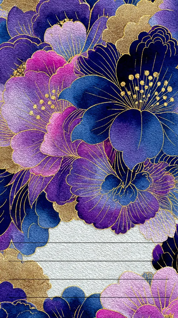 A vibrant watercolor floral design features rich purple, pink, and blue blossoms outlined in gold.  The flowers are densely arranged, creating a lush, opulent feel.  A central, off-white rectangular space with thin lines provides a writing area, framed by the elaborate floral border. The gold accents add a touch of sparkle and luxury to the overall design.