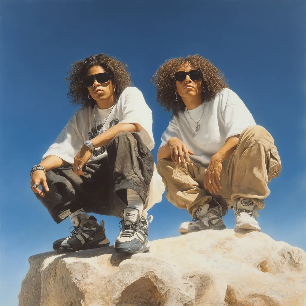 Two young men with curly hair and sunglasses are crouched on a rock against a vibrant blue sky. They wear oversized white t-shirts and cargo pants, accessorized with silver necklaces and bracelets.  Their footwear consists of dark and light-colored high-top sneakers. The painting's style is realistic, emphasizing the details of clothing and the clear sky.  The overall mood is one of youthful confidence and relaxed coolness.
