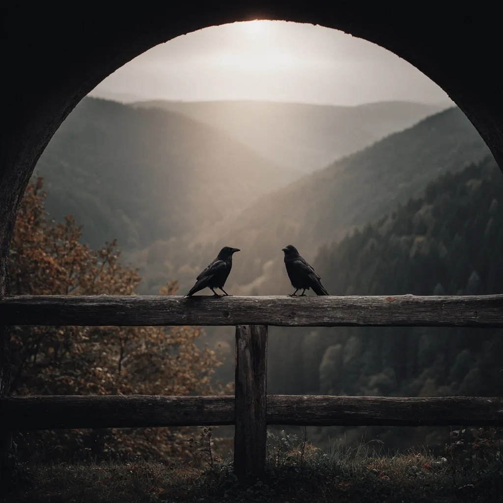Two crows perch on a rustic wooden fence, framed by a dark archway.  The backdrop is a breathtaking vista of rolling hills and a sunlit valley, bathed in soft, atmospheric light.  The scene evokes a sense of tranquility and the vastness of nature. The crows' silhouettes stand out sharply against the hazy landscape.