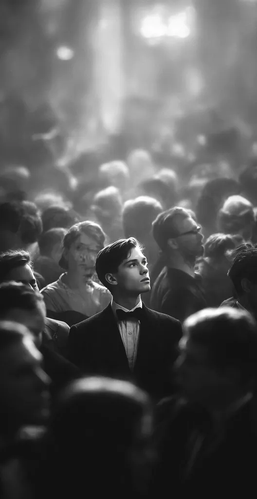 A young man in a tuxedo stands out in a large, blurred crowd.  The monochrome image emphasizes his isolation, his gaze directed upward. The surrounding people are indistinct, their faces lost in the shadows and bright light. The overall effect is one of quiet contemplation and individuality amidst a sea of anonymity.