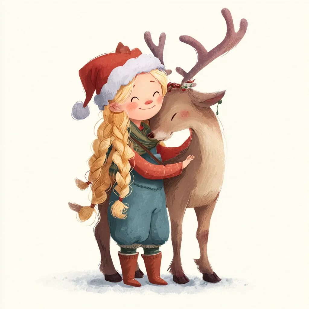 A charming illustration depicts a young girl with long blonde braids, wearing a Santa hat and overalls, embracing a reindeer.  The girl's joyful expression and the reindeer's gentle demeanor create a heartwarming scene of Christmas magic and friendship. The style is whimsical and painted with soft, textured brushstrokes, evoking a feeling of warmth and holiday cheer.