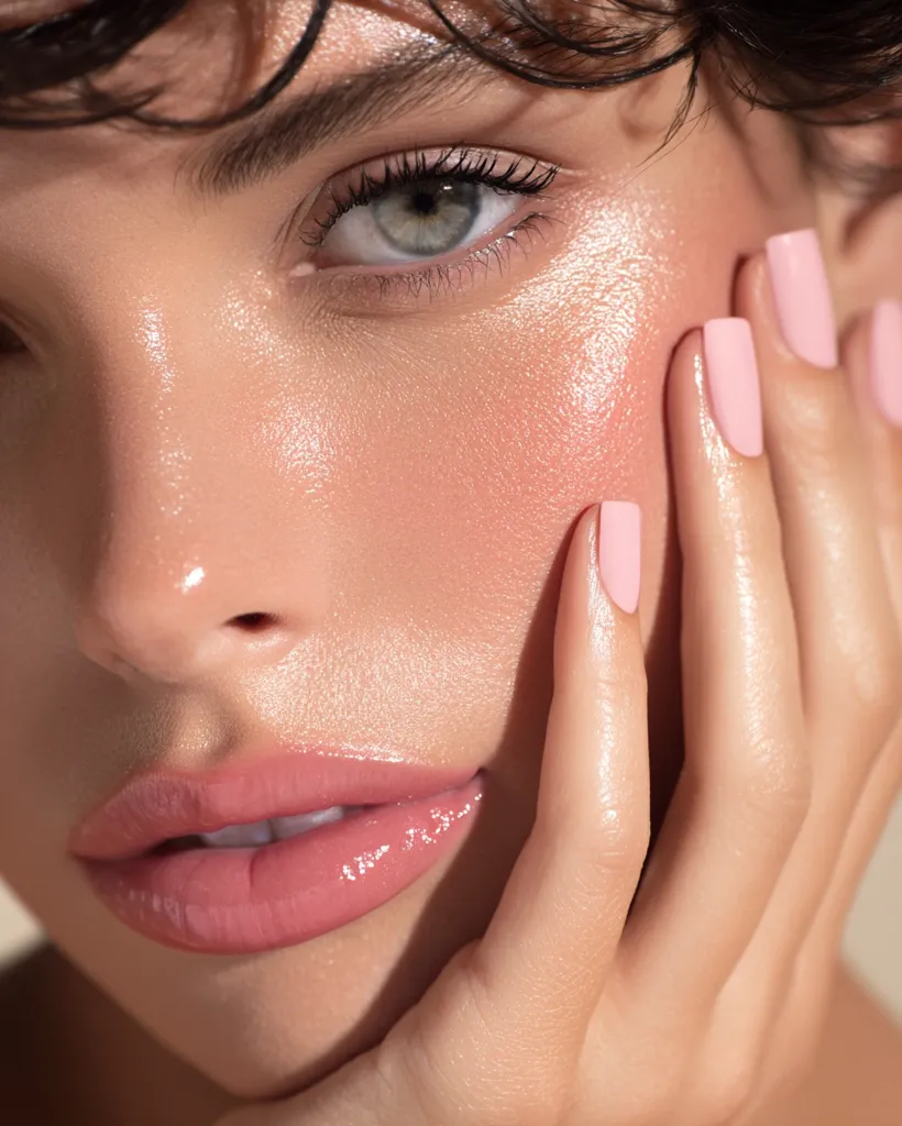 Close-up of a woman's face, showcasing dewy skin with a natural, glowing complexion.  Her lips are a soft pink, and her nails are painted a delicate pastel pink.  She has light eyes and dark, slightly tousled hair.  Her hand rests gently on her cheek, emphasizing the smooth texture of her skin. The overall impression is one of natural beauty and serenity.