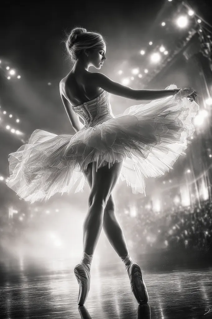 A ballerina, captured in a black and white image, gracefully poses in a tutu.  The background is blurred, suggesting a stage with a large audience.  Her posture and the soft lighting create a feeling of elegance and ethereal beauty. The focus is on her form and the delicate details of her costume and pointe shoes.