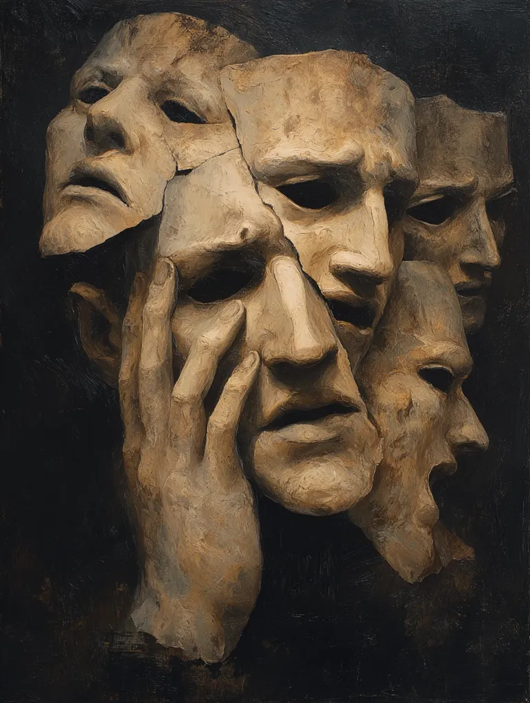 A painting depicts a cluster of weathered, fragmented faces, seemingly masks, merging into a single entity.  The central figure's hand rests on its face, conveying a sense of anguish or contemplation.  The dark background accentuates the pale, sculpted features, suggesting themes of identity, multiple personalities, or the burden of hidden emotions. The style is reminiscent of classical sculpture with a painterly, textured application of paint.