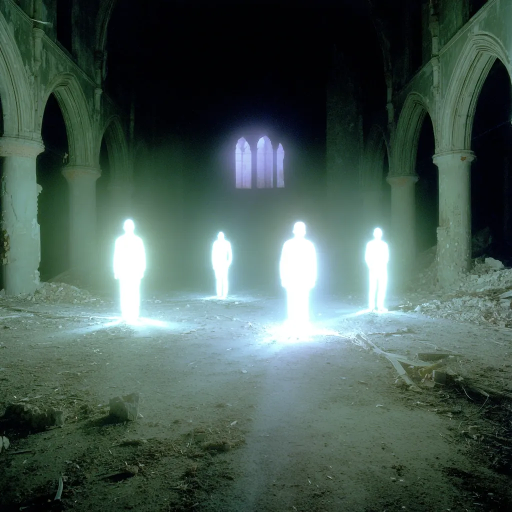 Four luminous, translucent figures stand in the ruins of a grand, dimly lit church.  The figures, radiating a soft, ethereal glow, are positioned in a loose grouping on the debris-strewn floor.  A large, arched window in the background allows a faint light to penetrate the otherwise dark space, enhancing the spectral ambiance of the scene. The overall atmosphere is one of mystery and otherworldliness.
