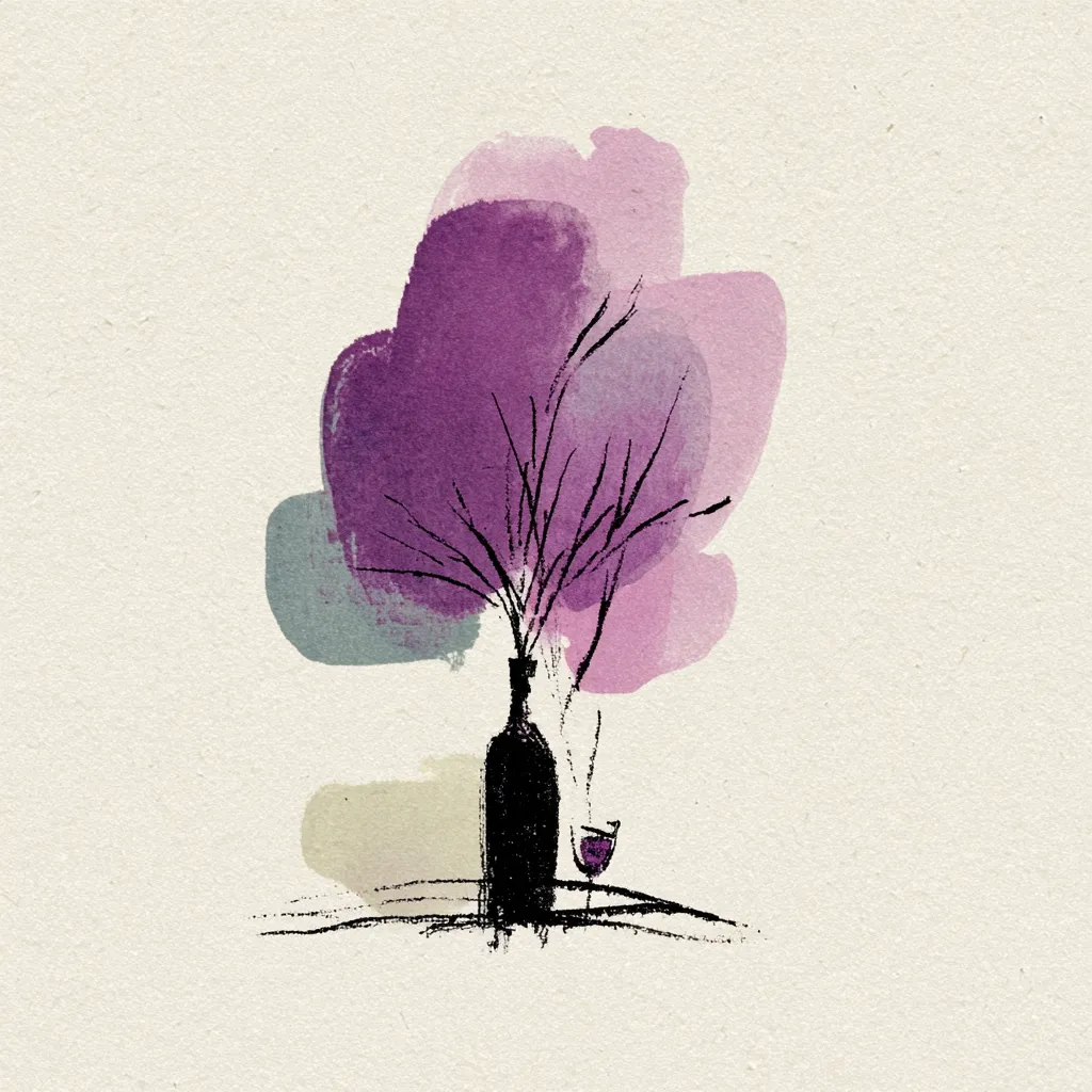 A stylized watercolor painting depicts a wine bottle and glass nestled beneath a purple and grey abstract tree.  The bottle is black, silhouetted against the soft, blended colors of the tree's foliage.  The scene evokes a sense of tranquility and simplicity, with a focus on the interplay of organic and man-made elements. The background is a textured, off-white paper.
