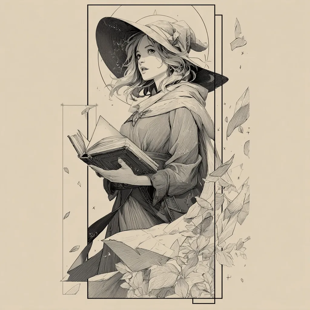 A monochromatic illustration depicts a young woman, possibly a witch, wearing a wide-brimmed hat and long robe.  She holds a large, thick book, her gaze directed upward.  She is surrounded by delicately rendered foliage, suggesting a mystical or enchanted setting. The style is reminiscent of fine art, with detailed linework and shading creating a sense of depth and atmosphere.  A rectangular frame emphasizes the central figure.