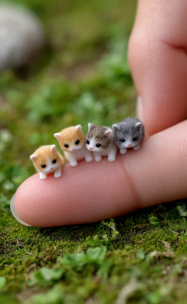 Four tiny, adorable kittens, crafted with incredible detail, sit perched on a person's finger.  The kittens are orange, calico, and gray, each one meticulously sculpted. They're positioned against a backdrop of lush green moss, creating a charming miniature scene. The image highlights the artistry of miniature creation and the irresistible cuteness of kittens.