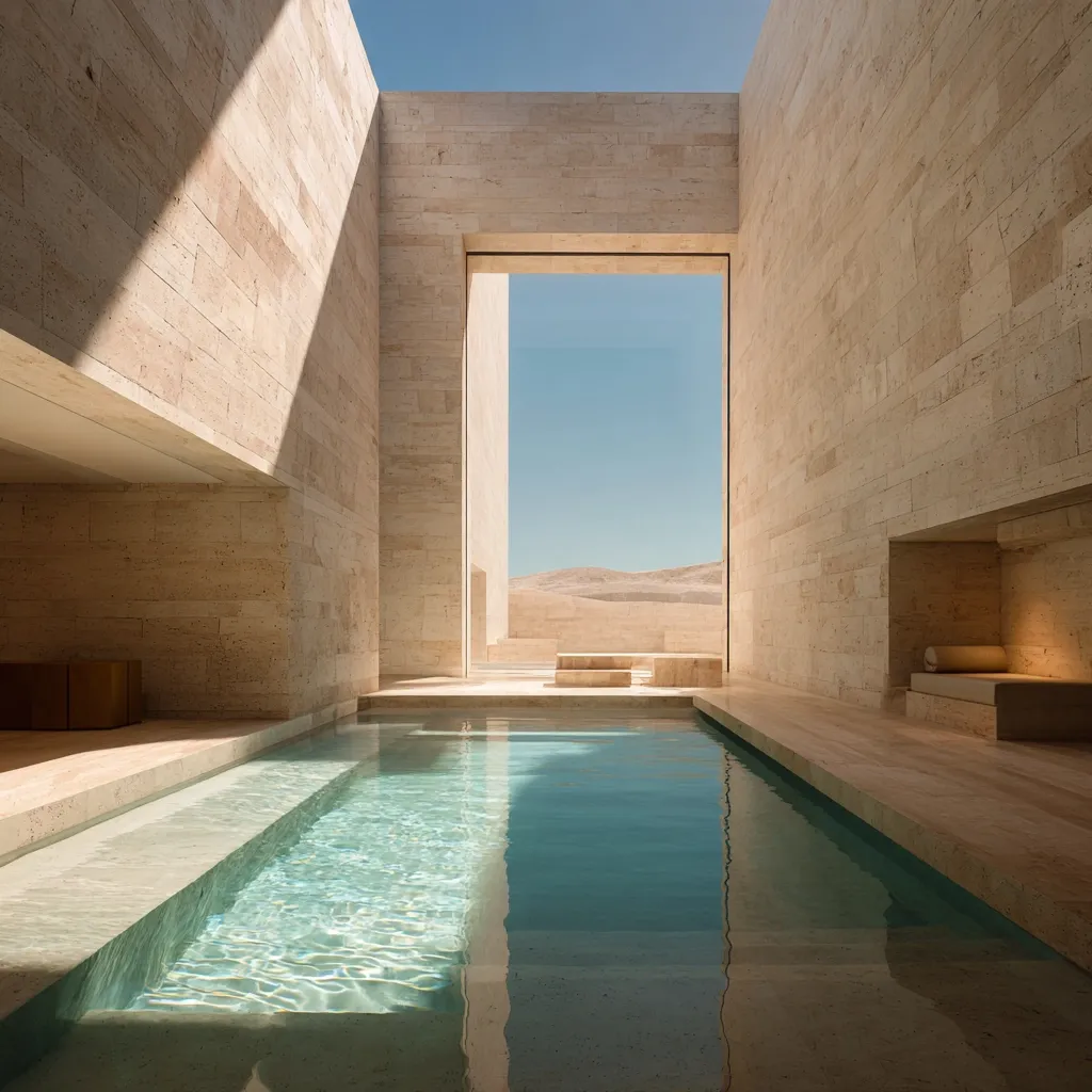 A minimalist, light beige stone structure encloses a rectangular pool.  Sunlight streams into the courtyard, illuminating the pale walls and the tranquil water. A large opening in the back wall reveals a desert landscape under a clear blue sky.  Simple, built-in seating elements flank the pool, completing the serene and secluded oasis.