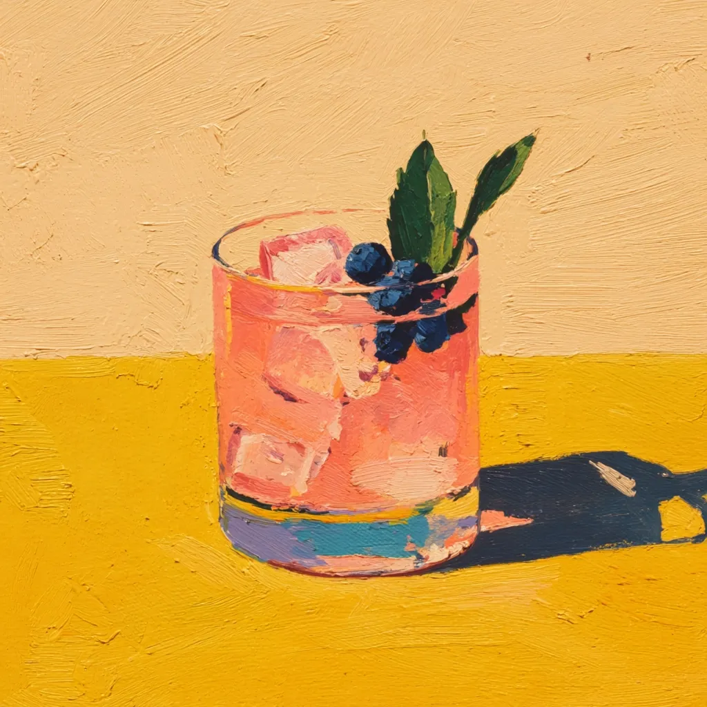 A vibrant oil painting depicts a pink cocktail in a rocks glass.  Ice cubes are visible within the drink, along with several blueberries and a sprig of mint. The glass casts a shadow on a sunny yellow surface, contrasting with the pale background. The impasto style creates a textured, almost three-dimensional effect.  The overall mood is cheerful and summery.