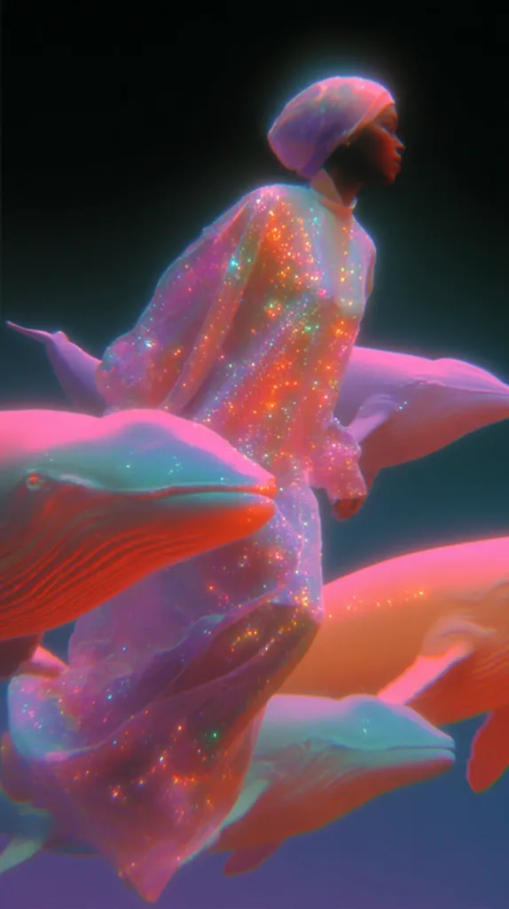 A digital illustration depicts a woman in a glittering, iridescent pink robe, seemingly floating amidst several large, glowing pink whales. The woman wears a matching headscarf and her expression is serene. The overall aesthetic is dreamlike and ethereal, with a vibrant, almost neon color palette.  The scene is surreal and suggestive of a magical underwater realm.