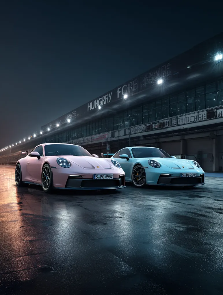Two Porsche 911 GT3 RS sports cars, one pale pink and the other light blue, are parked on a wet race track at night.  The track is illuminated by floodlights.  A building with "Hungry Fore" partially visible in the background. The scene is dark and moody, emphasizing the sleek design of the cars.