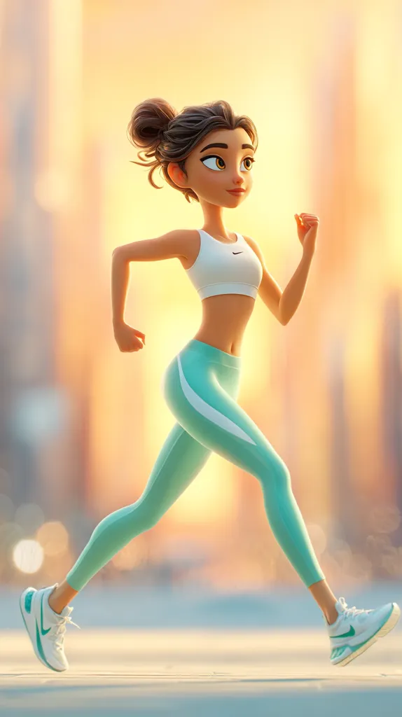 A stylized illustration of a young woman jogging.  She has dark hair in a bun, and wears a white sports bra and teal leggings with white accents. Her athletic shoes are white with teal details. The background is a warm, blurred cityscape at sunset, giving a feeling of urban vitality and energy. The style is reminiscent of 3D animation, with smooth lines and a cheerful tone.