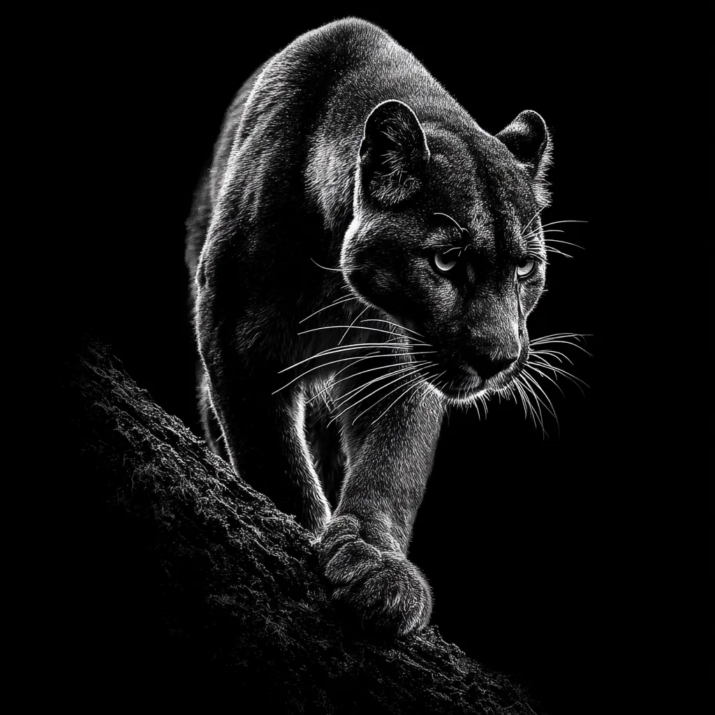 A black and white image showcases a cougar, powerfully built and intensely focused.  Its piercing gaze and prominent whiskers are sharply defined against the dark background. The cougar is depicted walking along a tree branch, its paws subtly emphasizing its strength and stealth.  The high contrast creates a dramatic and captivating portrait of this majestic feline.