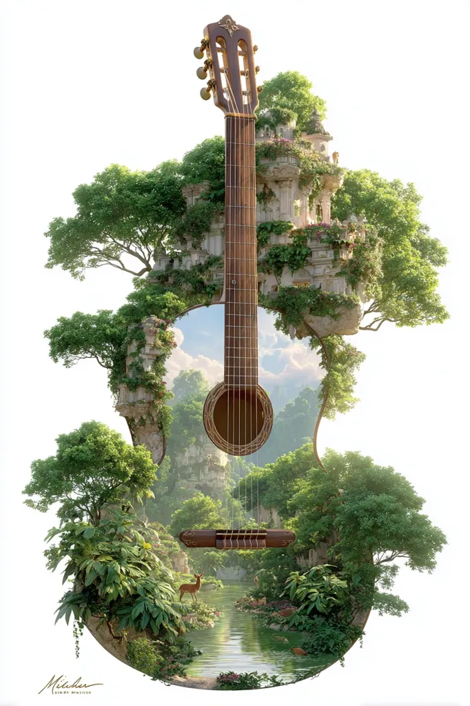 A classical guitar is depicted, its body replaced by a lush, vibrant landscape.  Lush green trees and foliage sprout from the guitar's form, encompassing a tranquil river scene with a deer in the foreground.  An ancient, overgrown stone structure is partially visible, creating a mystical and harmonious blend of nature and music.  The overall effect is one of serene beauty and imaginative artistry.