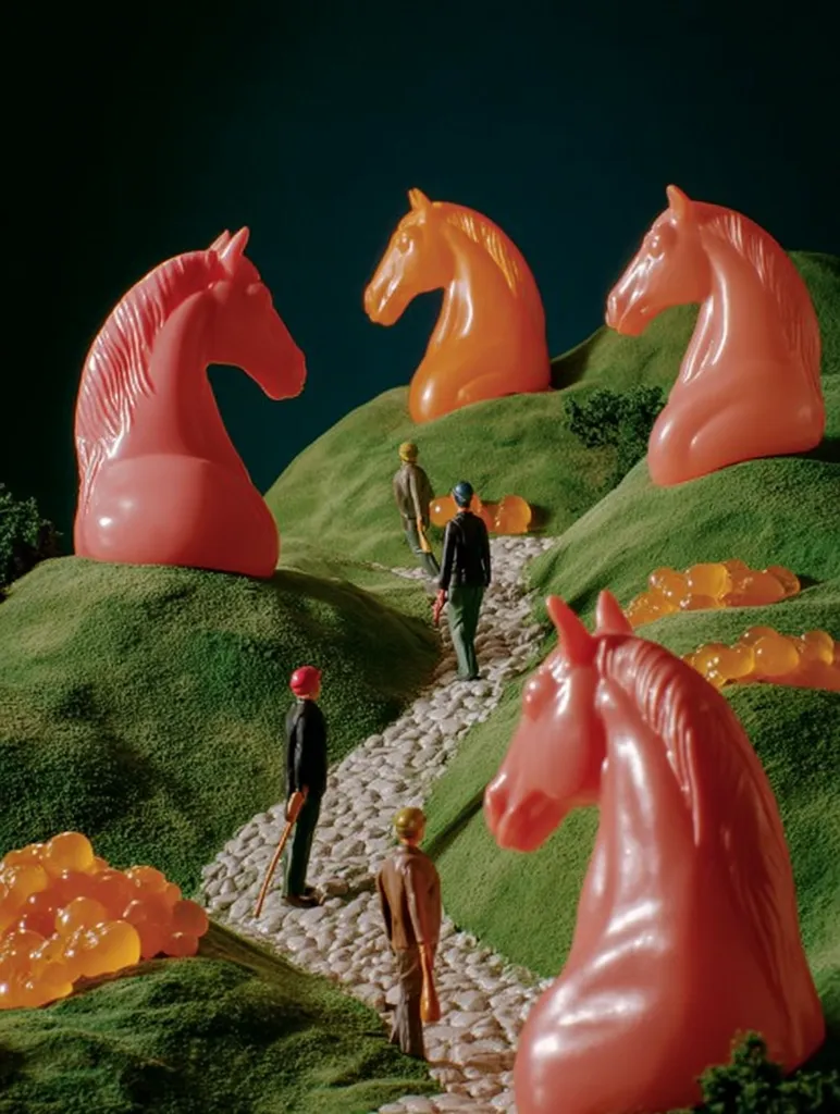 A whimsical diorama features oversized plastic chess horses in varying shades of orange and pink, positioned atop verdant hills. Miniature figures of men in suits and hats traverse a stone pathway winding through the landscape.  Scattered around are small piles of orange spheres resembling caviar, adding to the surreal and slightly unsettling scene.  The dark background emphasizes the vibrant colors of the composition.