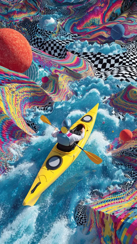 A person in a yellow kayak paddles through vibrant, surreal waters.  The landscape is a psychedelic mix of checkerboard patterns, swirling colors, and floating spheres.  The scene is highly stylized and imaginative, suggesting a dreamlike or fantastical journey. The kayak cuts through the turquoise water, creating splashes and foam.