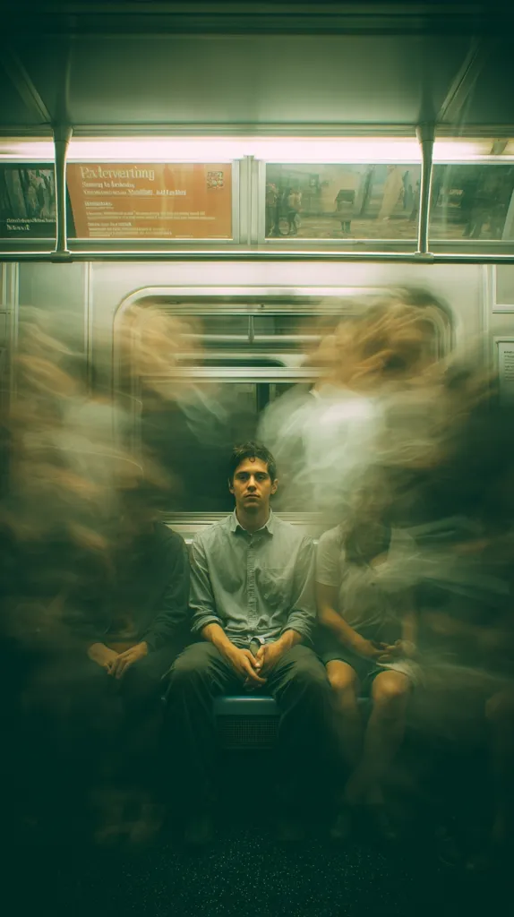 A man sits calmly on a subway car seat, his hands clasped in his lap.  He's dressed in a light blue button-down shirt and dark pants.  Surrounding him, the other passengers are blurred by motion, creating a ghostly effect emphasizing the man's stillness.  Subway advertisements are visible above, adding to the urban atmosphere. The overall tone is moody and contemplative.