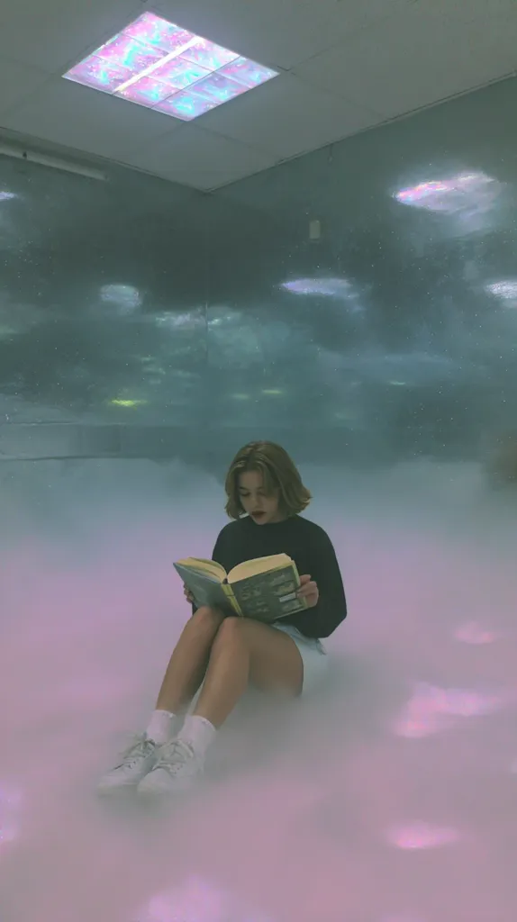 A young woman with short brown hair sits on a cloud-like surface in a room with a pastel-colored ceiling and walls depicting a dreamy cloudscape. She's engrossed in reading a book, her legs crossed and her white sneakers visible. The overall atmosphere is serene and ethereal, suggesting a fantastical or surreal setting.  The image has a soft, dreamy filter applied.