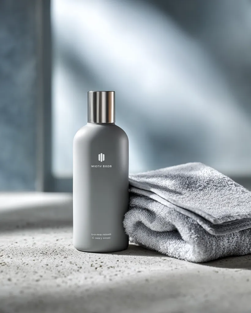 A sleek, grey bottle of Mieuv Brob body wash sits on a concrete surface next to a neatly folded stack of grey towels.  The bottle features minimalist branding, with a silver cap and subtle text indicating the product's purpose. Soft light illuminates the scene, creating a clean and sophisticated aesthetic.  The overall impression is one of calm and modern hygiene.