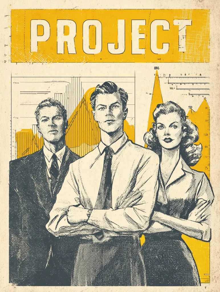 A retro-styled illustration titled "PROJECT" depicts three professionals—two men and a woman—standing confidently against a backdrop of upward-trending graphs.  The central male figure, arms crossed, is flanked by a colleague on the left and a female counterpart on the right. Their attire and posture suggest competence and collaboration within a business setting. The overall aesthetic evokes a mid-20th-century corporate feel.