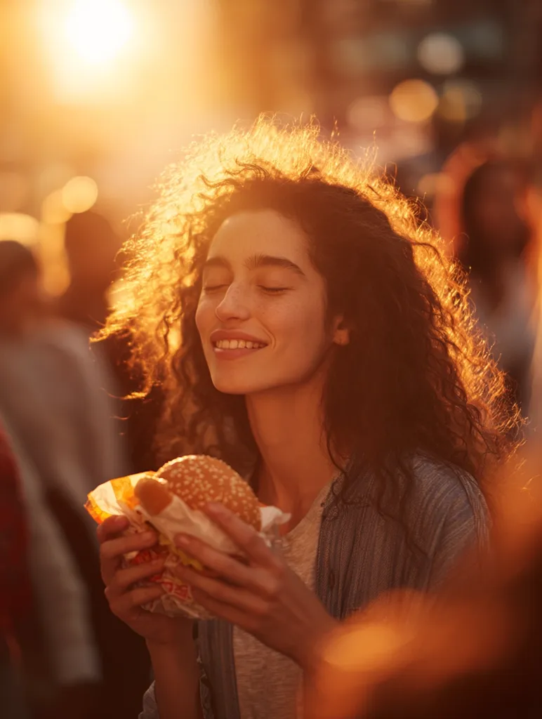 Bathed in golden sunset light, a young woman with curly hair stands amidst a blurred crowd.  Eyes closed, she holds a burger close, a serene expression on her face. The warm light illuminates her hair and skin, creating a peaceful and joyful atmosphere.  The scene suggests a carefree moment of simple pleasure.