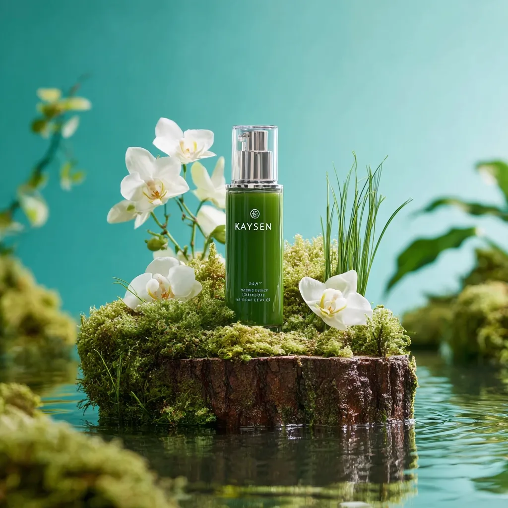 A green bottle of Kaysen 365° Calming & Glow essence sits on a mossy rock surrounded by white orchids and grass.  The tranquil scene reflects in calm water, creating a serene and natural aesthetic. The bottle's sleek design and minimalist branding emphasize a clean and sophisticated skincare product. The overall image conveys a sense of calm and natural beauty.