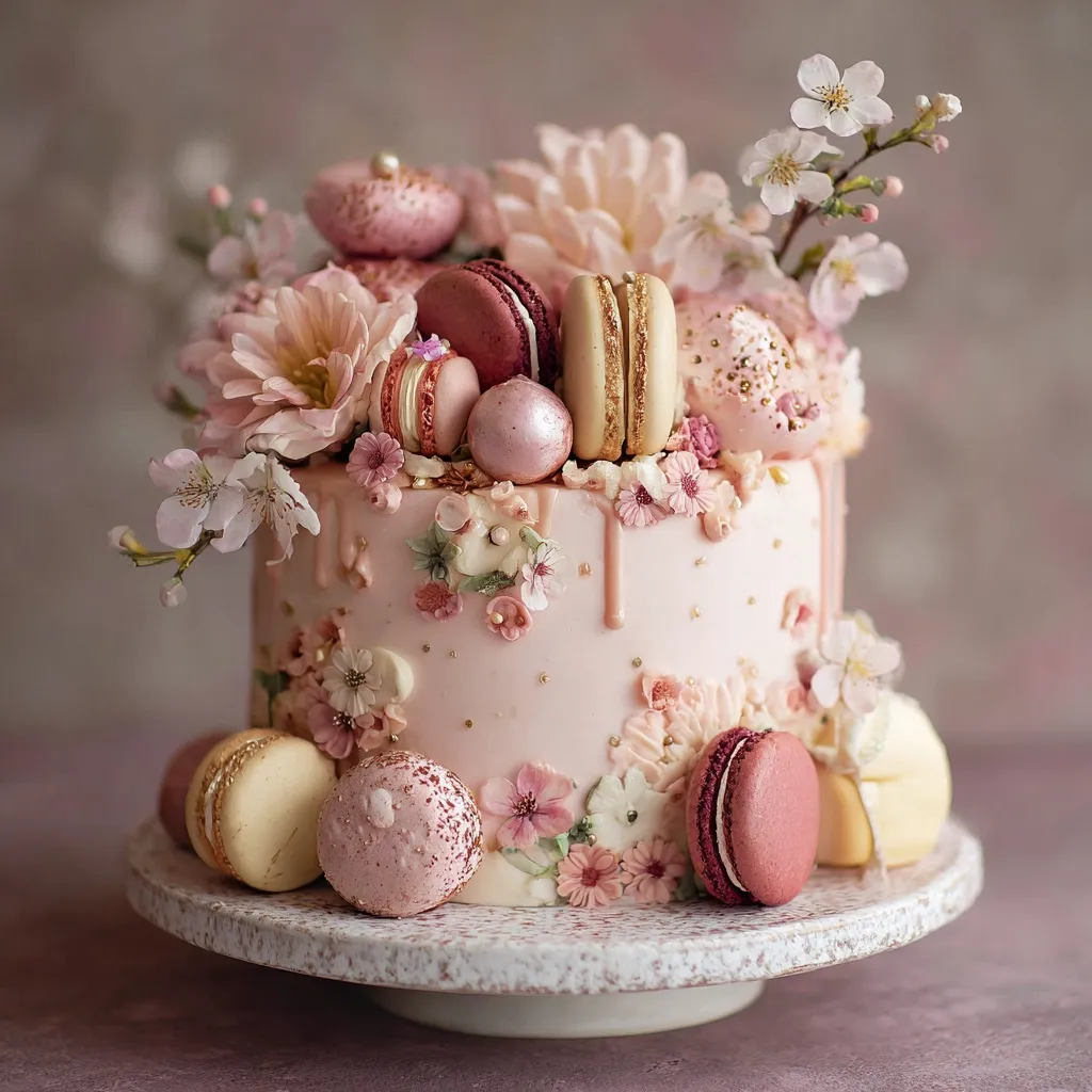 A delicate pink cake, adorned with macarons in varying shades of pink and gold, sits on a cake stand.  Delicate pink and white flowers, including cherry blossoms, cascade down the sides and crown the top, creating a romantic and elegant presentation.  The cake is drizzled with pink icing, adding to its charming aesthetic.  The overall effect is one of refined beauty and sweetness.