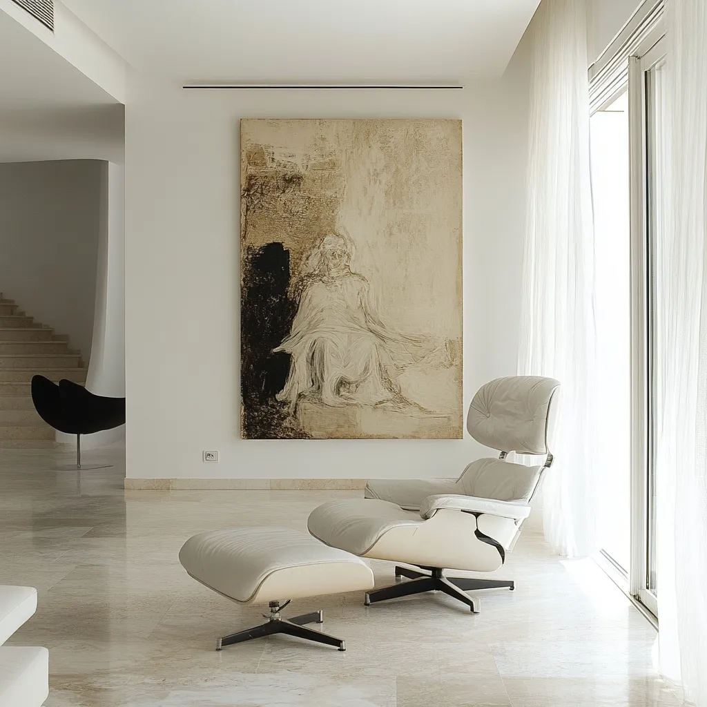 A minimalist living room features a light beige travertine floor, sheer white curtains, and a large abstract painting depicting a figure in muted tones.  A white leather Eames Lounge Chair and Ottoman sits centrally, bathed in natural light from a large window. The scene is calm and sophisticated, showcasing a modern and refined interior design.  A glimpse of a staircase and another chair is visible in the background.