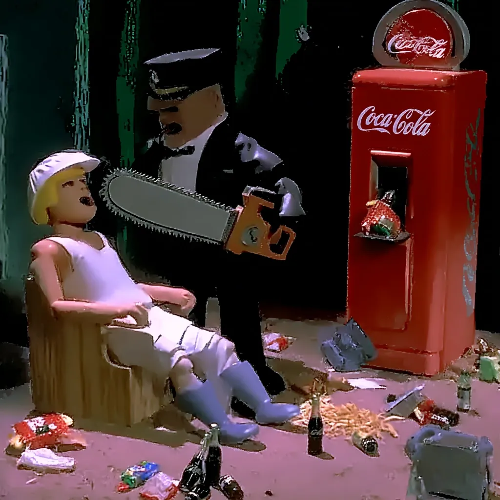 A stop-motion scene depicts a man in a conductor's uniform wielding a chainsaw toward a seated, blond man.  The victim is wearing a white tank top and light-colored pants, sitting in a wooden chair.  A Coca-Cola vending machine is in the background, surrounded by litter including chips and bottles.  The overall tone is dark and violent, suggestive of a darkly comedic or surreal narrative.