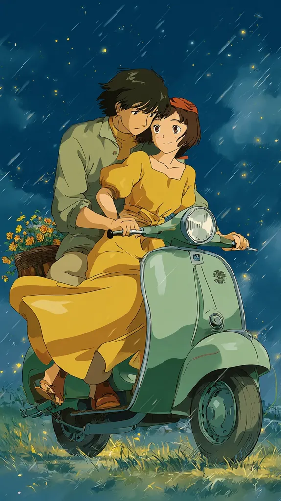 A young couple sits close on a vintage, pale green Vespa scooter under a night sky sprinkled with rain and fireflies.  The woman wears a flowing yellow dress and carries a basket of flowers.  The man, with dark hair, gently holds her. The scene is romantic and evocative, reminiscent of classic anime artistry. The soft lighting and muted colors create a calm and peaceful atmosphere.