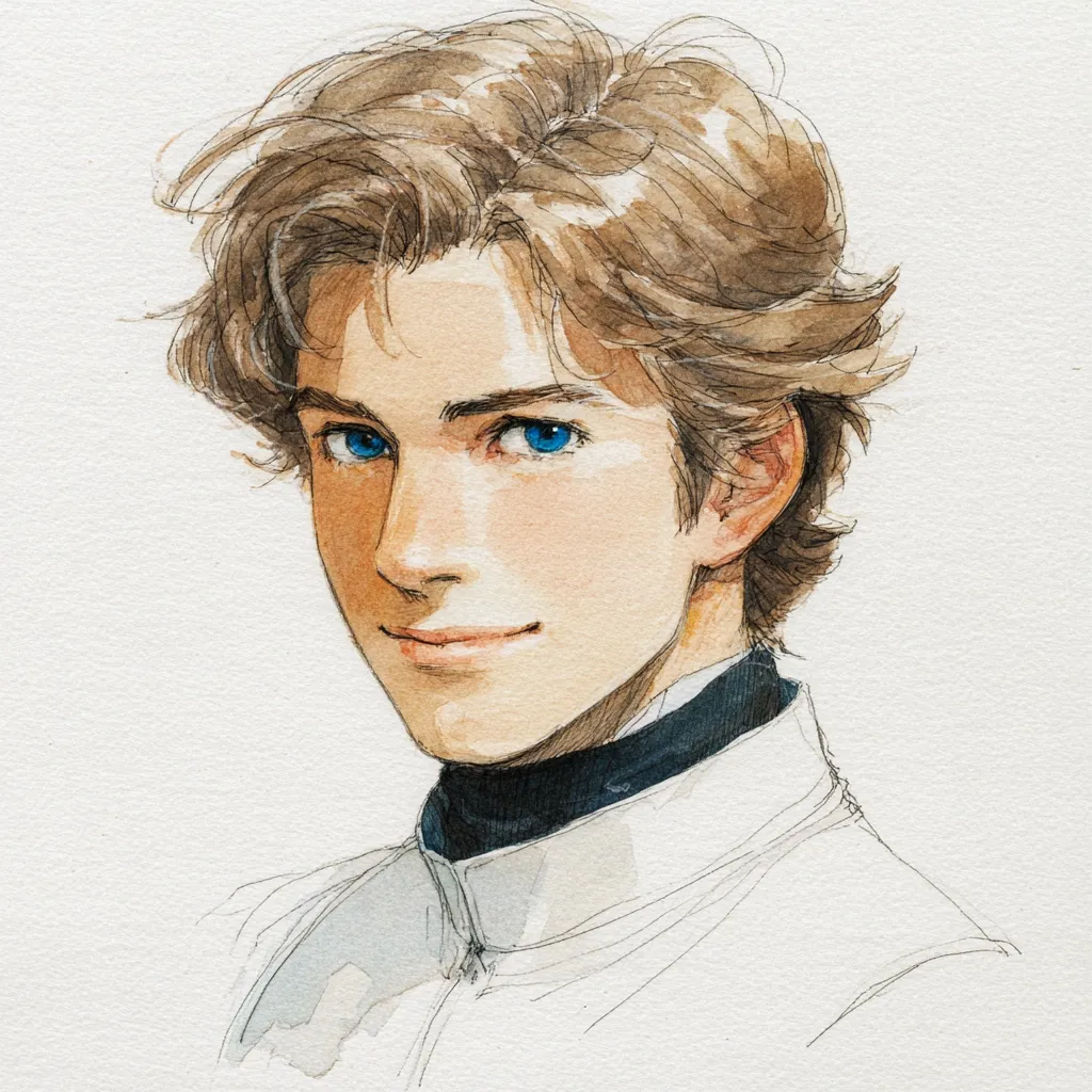A watercolor portrait of a young man with light brown, wavy hair and striking blue eyes. He has a gentle, almost shy smile playing on his lips. His attire suggests a formal or possibly historical setting, with a high-collared garment. The artist's style is delicate and evocative, capturing a sense of quiet grace and introspection in the subject's expression.  The painting is light and airy, with a soft focus on the details of his face.