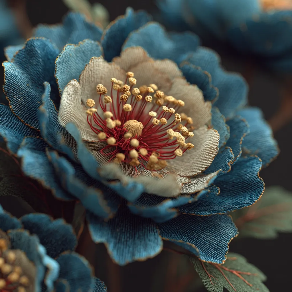 A close-up reveals meticulously crafted artificial flowers, their teal petals edged with gold.  The central blossoms are off-white, featuring intricate, reddish-brown stamens tipped with gold.  The texture is remarkably realistic, suggesting a delicate, perhaps embroidered or layered, construction. The dark background accentuates the flowers' vibrant colors and detailed artistry.