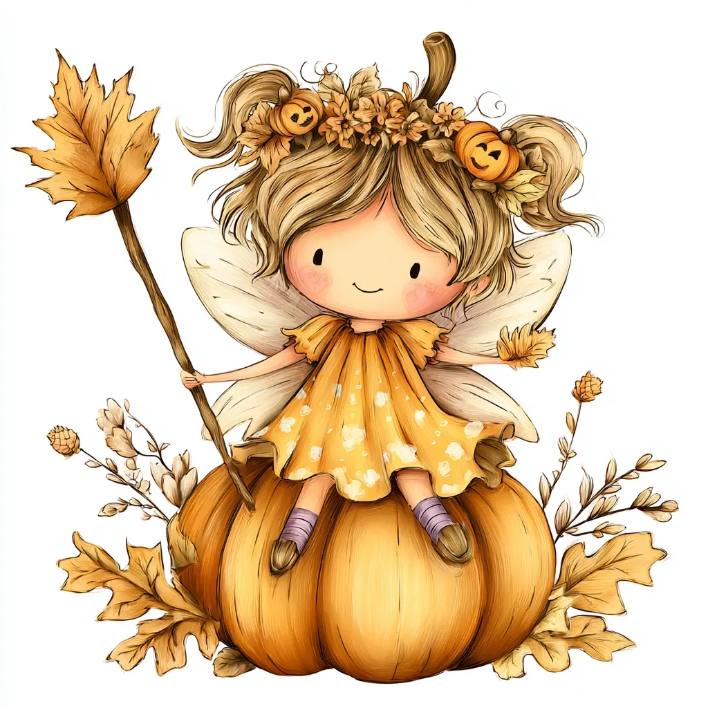 An adorable autumn fairy sits atop a large pumpkin.  She wears a yellow polka-dot dress and a crown of fall flowers and miniature pumpkins.  Delicate wings sprout from her back, and she holds a twig-like wand adorned with an autumn leaf.  Surrounding her are additional fall leaves and sprigs, creating a charming autumnal scene.