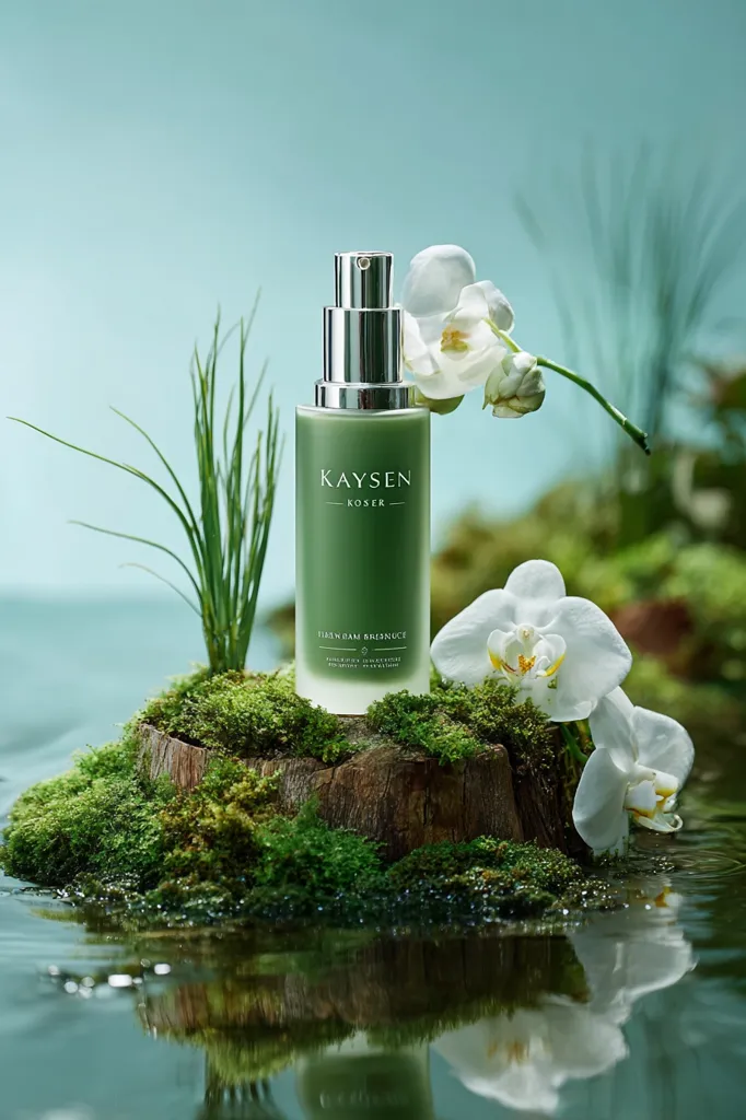 A bottle of Kaysen Koser Firawdam Brisnuce serum rests on a moss-covered rock in a serene, tranquil setting.  White orchids bloom near the bottle, adding to the peaceful ambiance. The bottle's green hue complements the natural surroundings, reflecting a sense of calm and natural beauty.  The image evokes a feeling of spa-like serenity and skincare luxury.