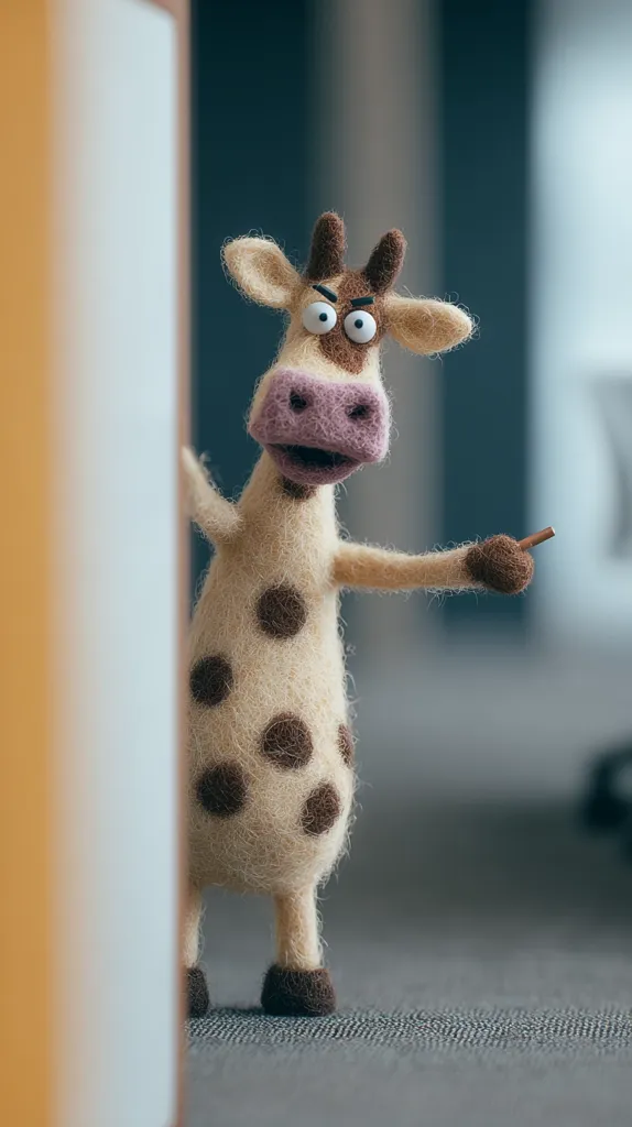 A whimsical, needle-felted cow figurine with brown spots stands near a pale orange wall.  It has a slightly grumpy expression and holds a small brown stick. The cow's texture is soft and fluffy, and it's positioned in a subtly blurred indoor setting.  The image creates a charming and slightly mischievous mood.