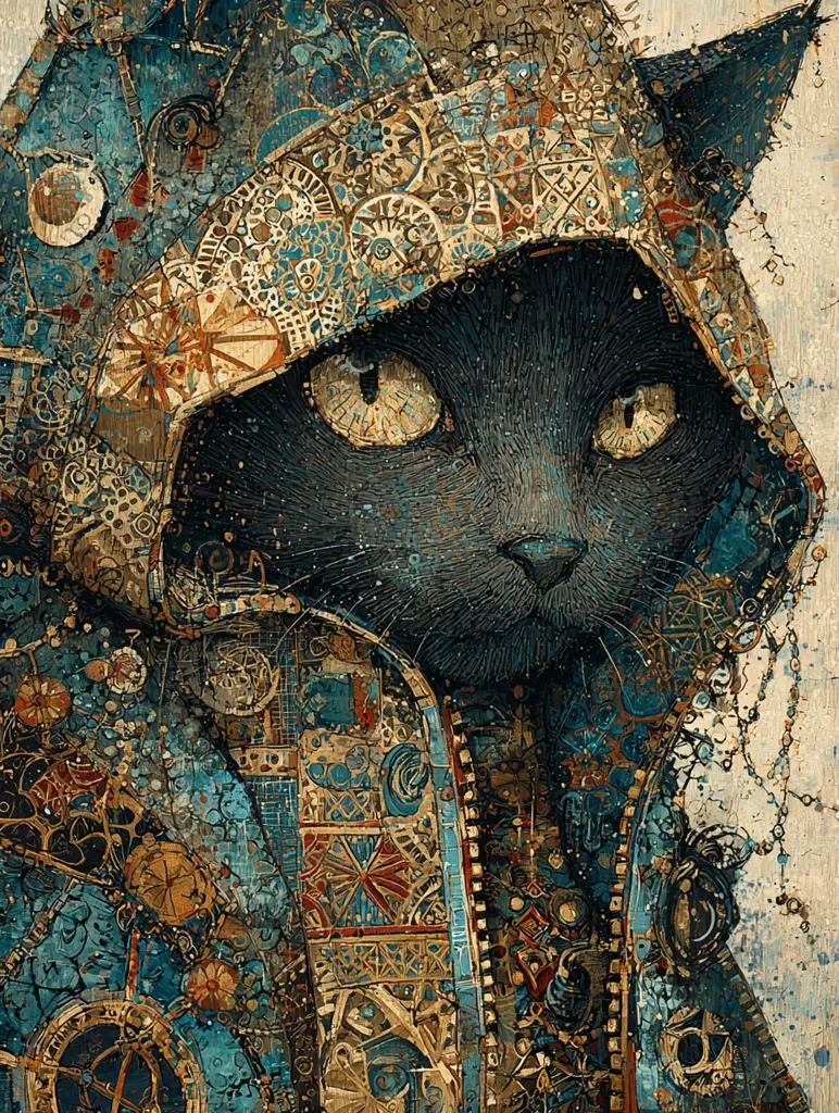 A captivating portrait of a black cat, seemingly cloaked in an intricately designed, hooded garment. The attire is a mesmerizing collage of teal, gold, and brown hues, adorned with intricate patterns and textures resembling clockwork gears and mosaic tiles.  The cat's intense gaze is striking, its eyes piercing through the artistic complexity of its clothing.  The overall style is a blend of realism and surrealism, creating a unique and mystical aesthetic.