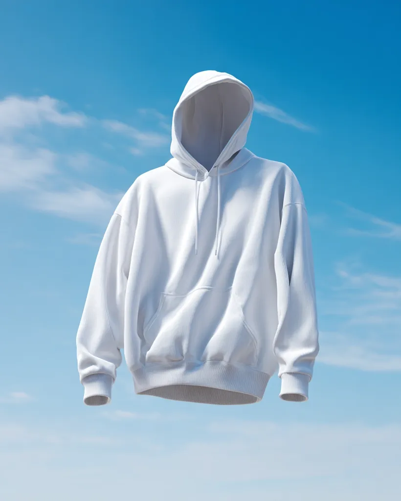A pristine white hoodie floats against a vibrant blue sky, dotted with fluffy white clouds.  The hoodie's hood is up, obscuring the face, and the garment appears soft and lightweight.  The image is minimalist and clean, focusing on the simple elegance of the clothing against the natural backdrop.  The overall mood is peaceful and serene.